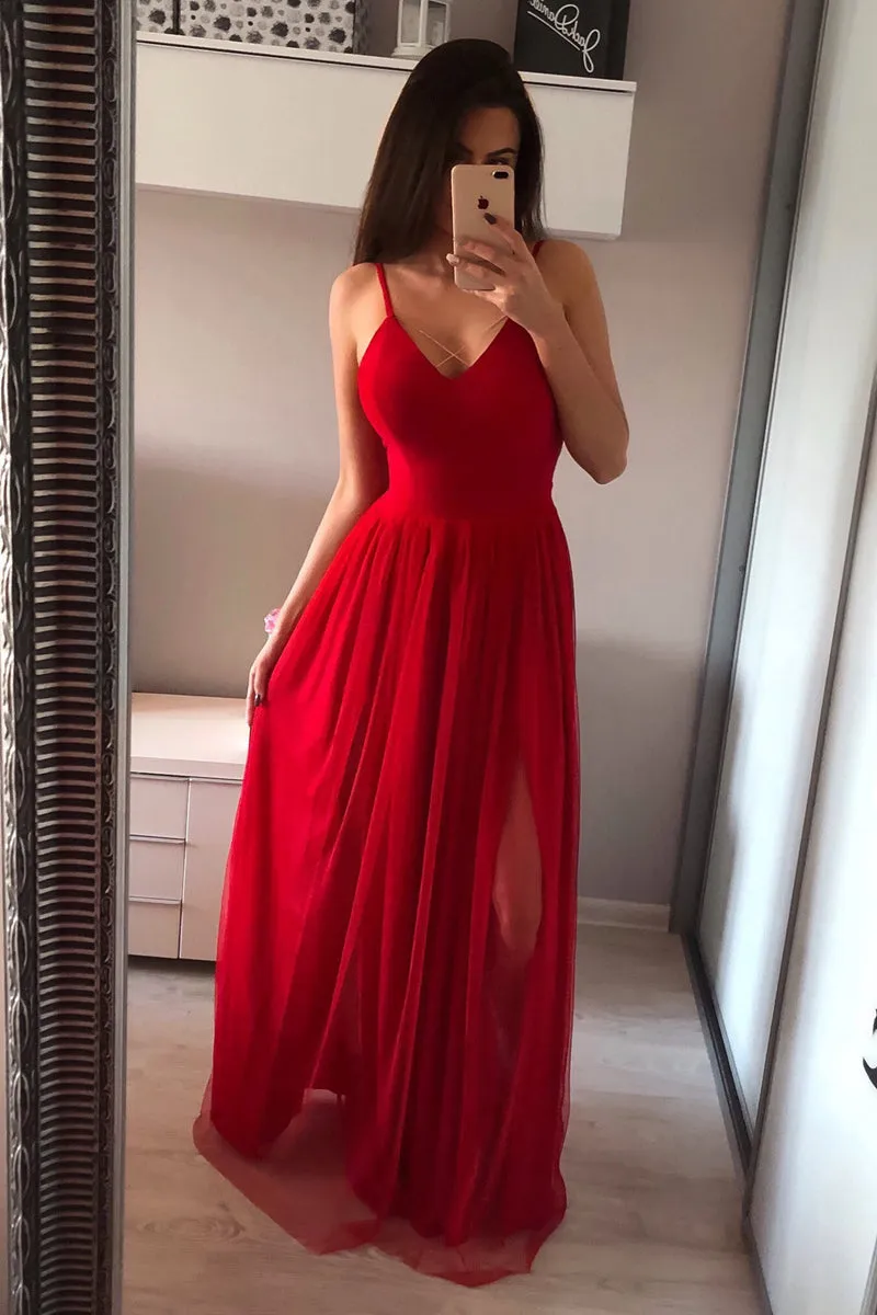 A Line V Neck Red Long Prom Dresses, V Neck Red Formal Dresses, Red Evening Dresses