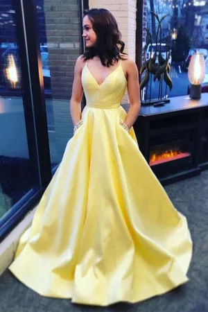 A Line V Neck Yellow Satin Long Prom Dress with Pocket, V Neck Yellow Formal Graduation Evening Dress