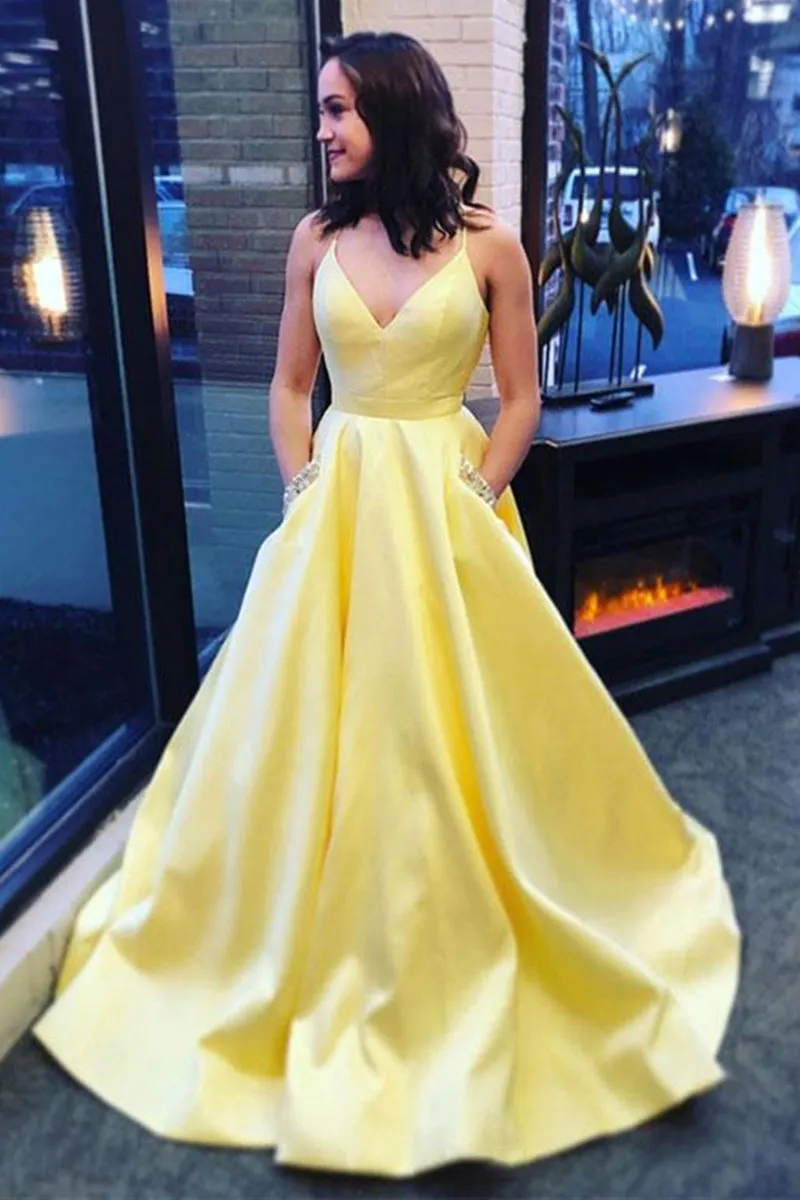 A Line V Neck Yellow Satin Long Prom Dress with Pocket, V Neck Yellow Formal Graduation Evening Dress