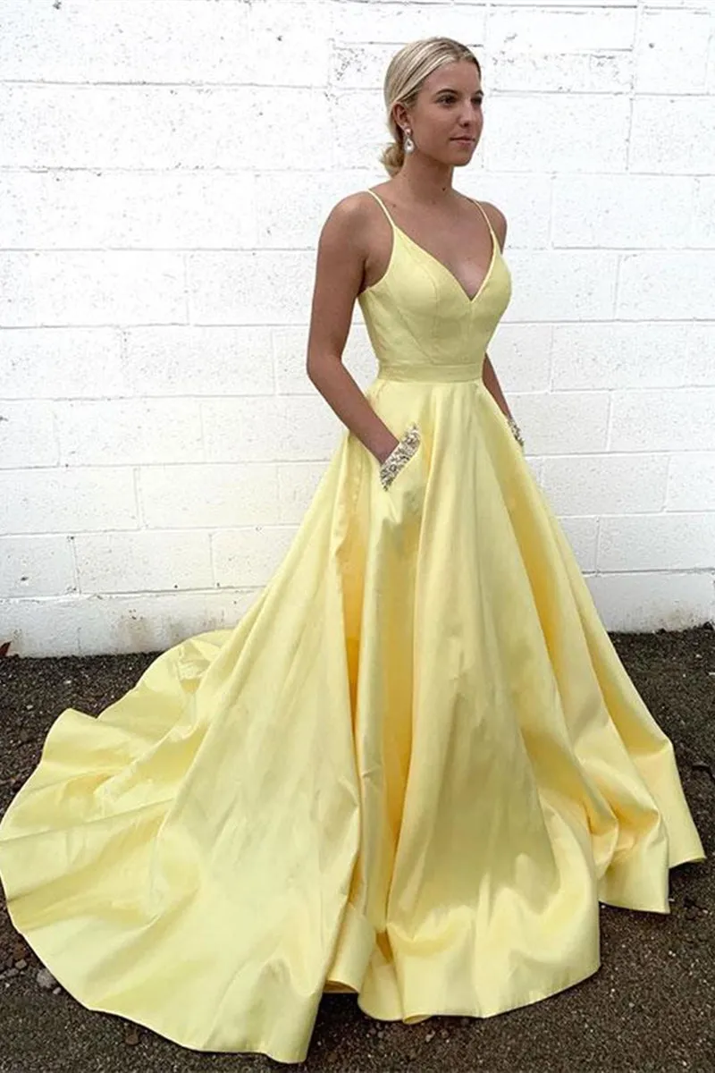 A Line V Neck Yellow Satin Long Prom Dress with Pocket, V Neck Yellow Formal Graduation Evening Dress