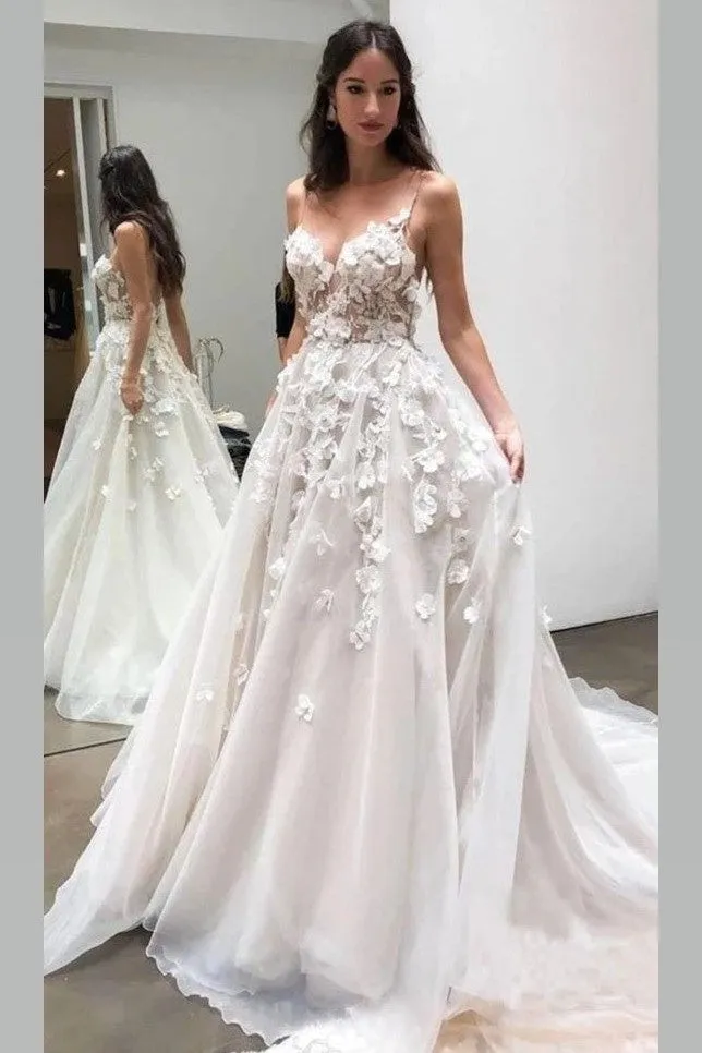 A-line V-neckline Flowers Bridal Gown Backless