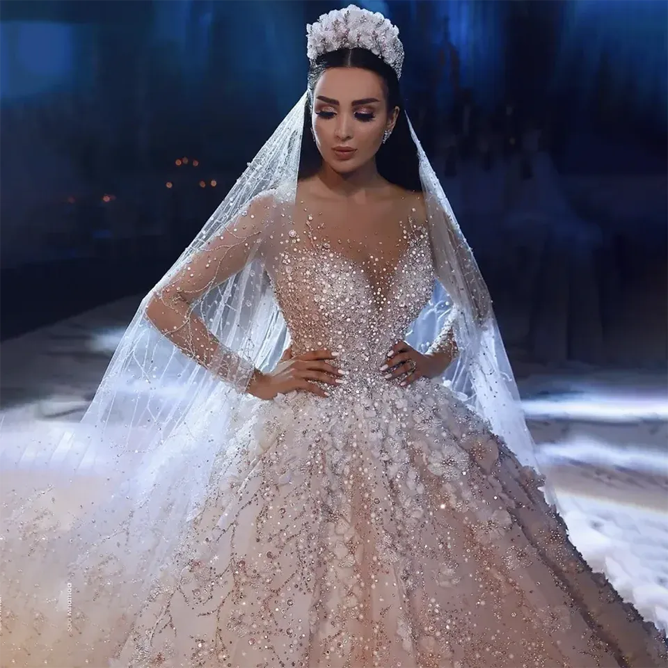 A Line Wedding Dress Long Sleeves Flowers Sweep Train Transparent
