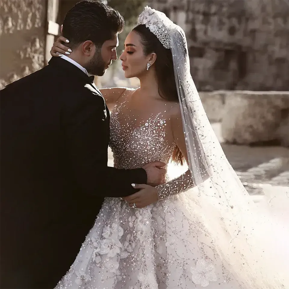A Line Wedding Dress Long Sleeves Flowers Sweep Train Transparent