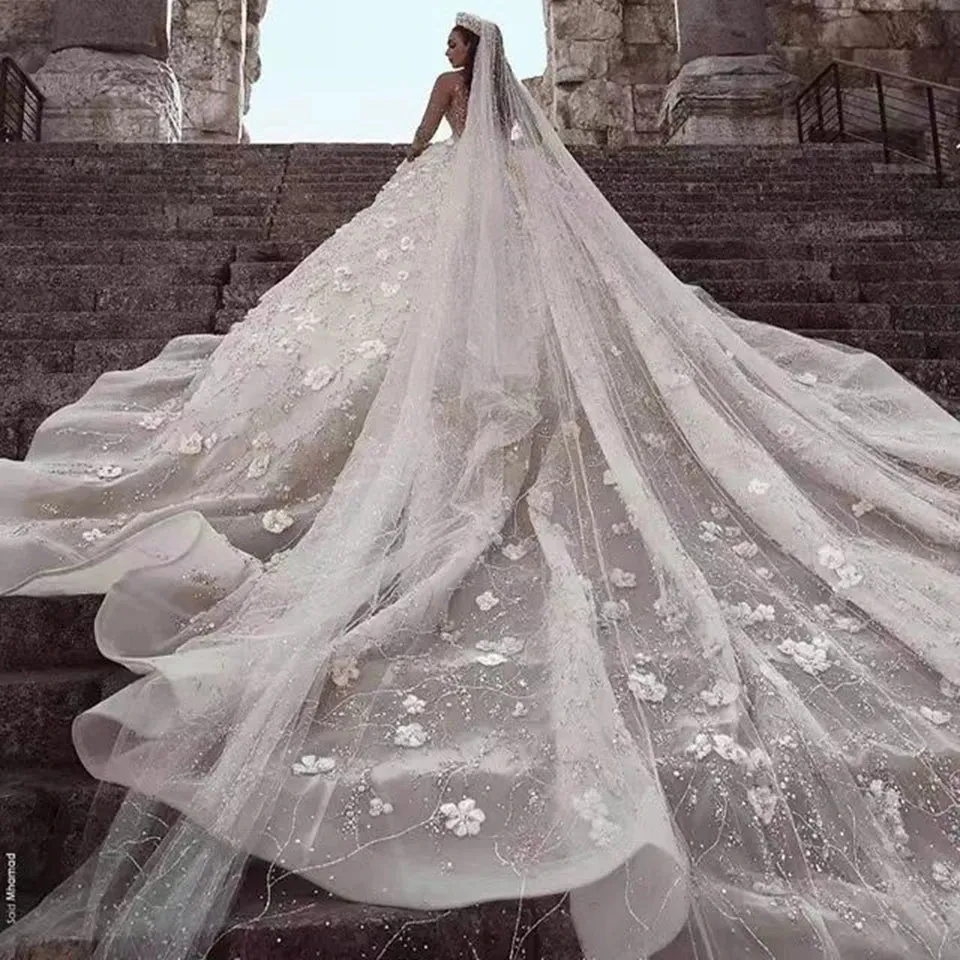 A Line Wedding Dress Long Sleeves Flowers Sweep Train Transparent