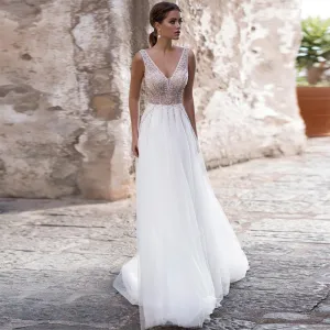 A-Line Wedding Dresses V Neck Off Shoulder Backless