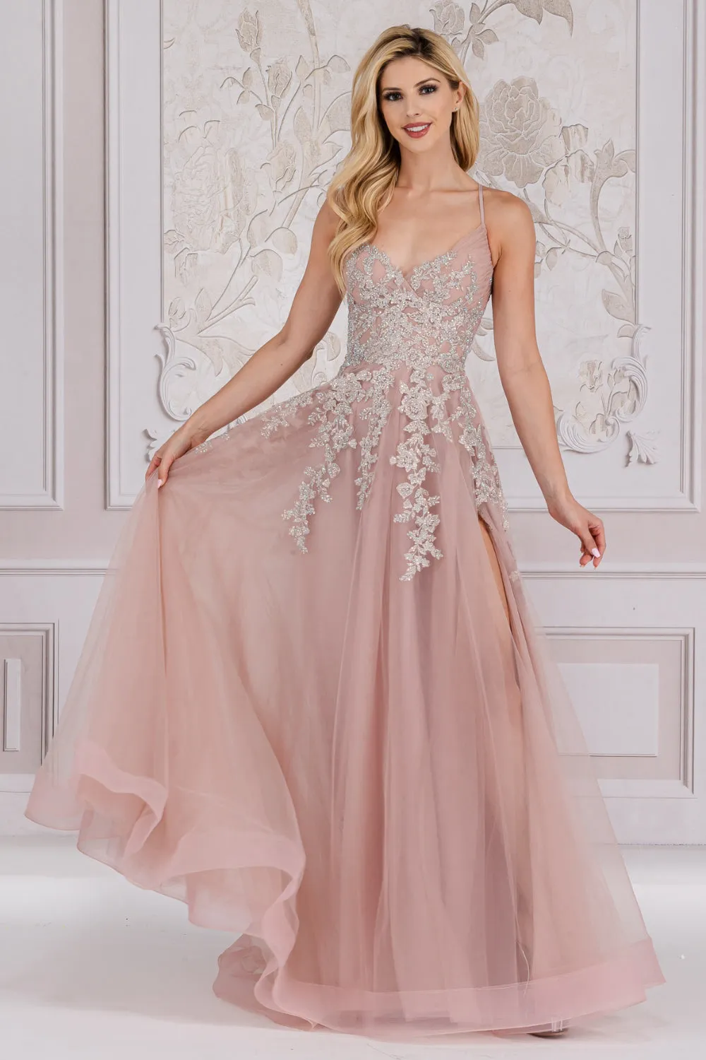 AC TM1006 - Beaded Lace Embellished A-Line Prom Gown With Lace Up Corset Back & Leg Slit