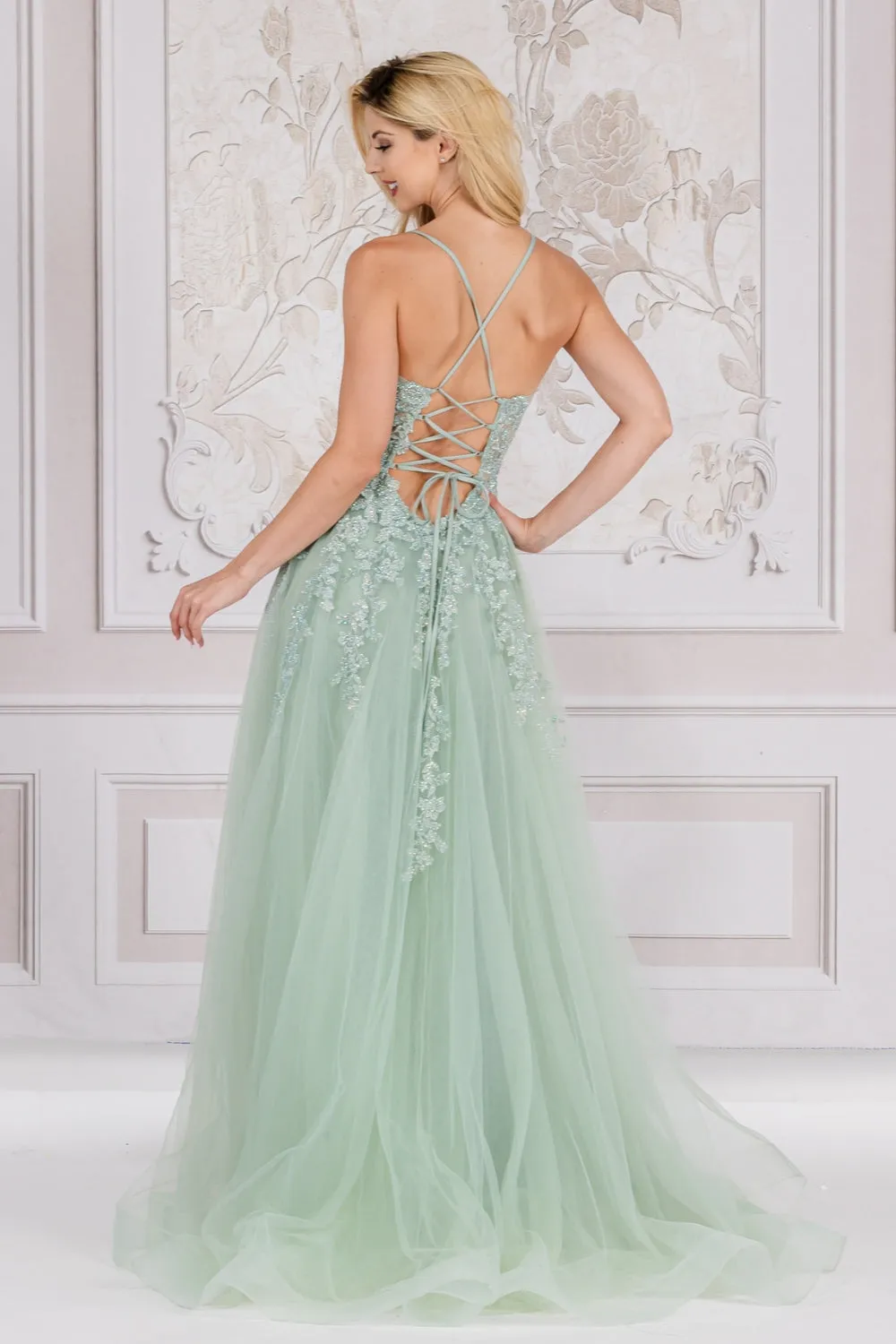 AC TM1006 - Beaded Lace Embellished A-Line Prom Gown With Lace Up Corset Back & Leg Slit