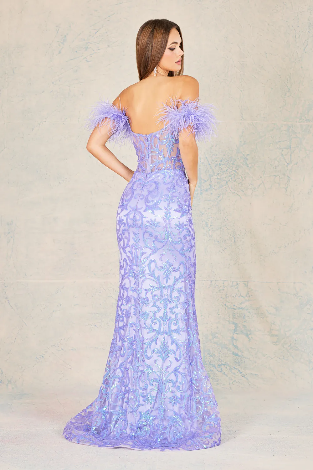 AD 3129 - Feathered Off The Shoulder Sheer Boned Bodice Fit And Flare Prom Gown With Sequin Detailing