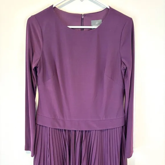 Adrianna Papell Midi long Sleeve Formal Dress Pleated Sheath Plum Purple Size 6