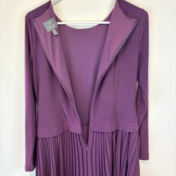 Adrianna Papell Midi long Sleeve Formal Dress Pleated Sheath Plum Purple Size 6