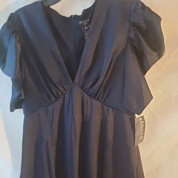 Alexa B Nites Rouch Sleeve Navy Dress