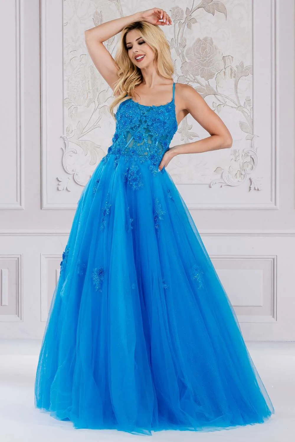 Amelia Couture 7035 Floor Length A-Line Ballgown 3D Flower Applique
