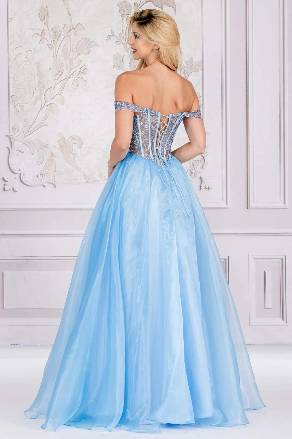 Amelia Couture 7040 Floor Length Off Shoulder Beaded Bodice A-Line Ballgown