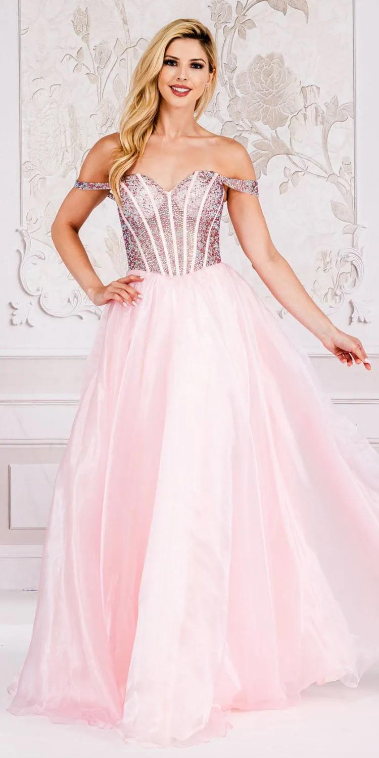 Amelia Couture 7040 Floor Length Off Shoulder Beaded Bodice A-Line Ballgown