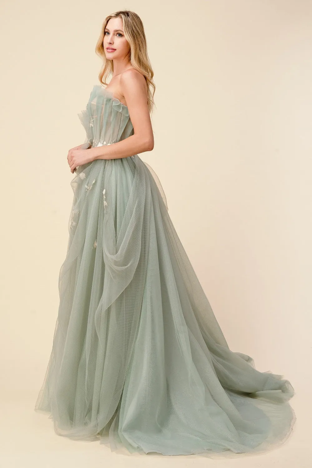 Andrea & Leo A1015 Sage Pleated Drape A-Line Ball Gown