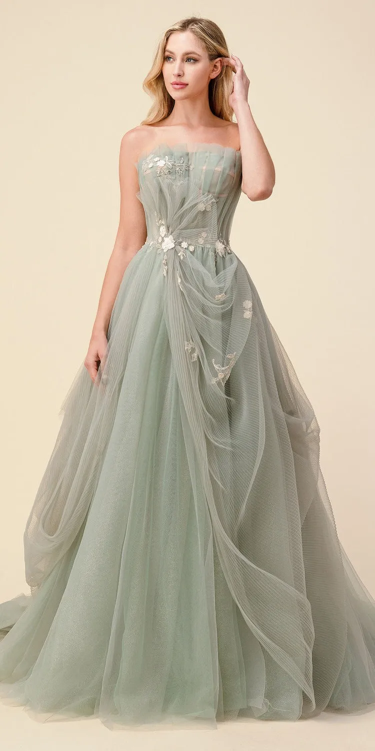Andrea & Leo A1015 Sage Pleated Drape A-Line Ball Gown
