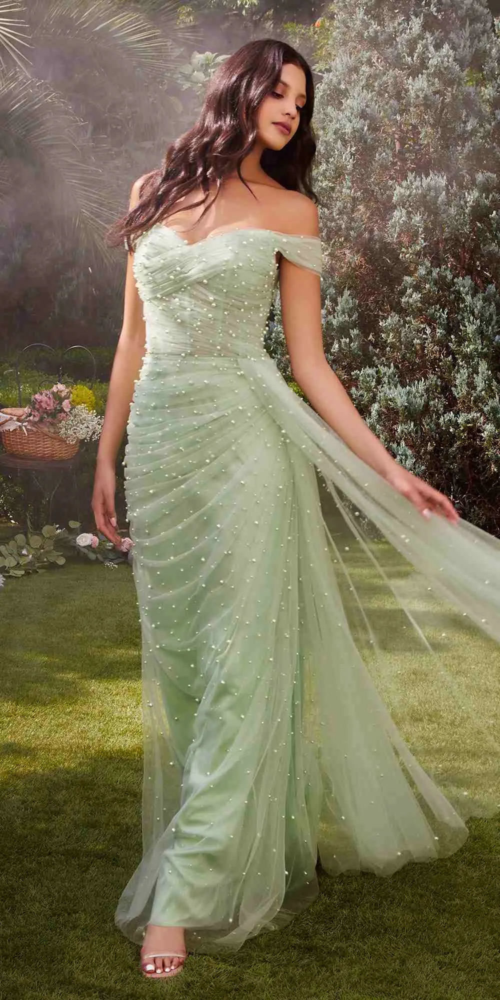 Andrea & Leo A1219 Floor Length Pearl Pleated Tulle Gown with Cape