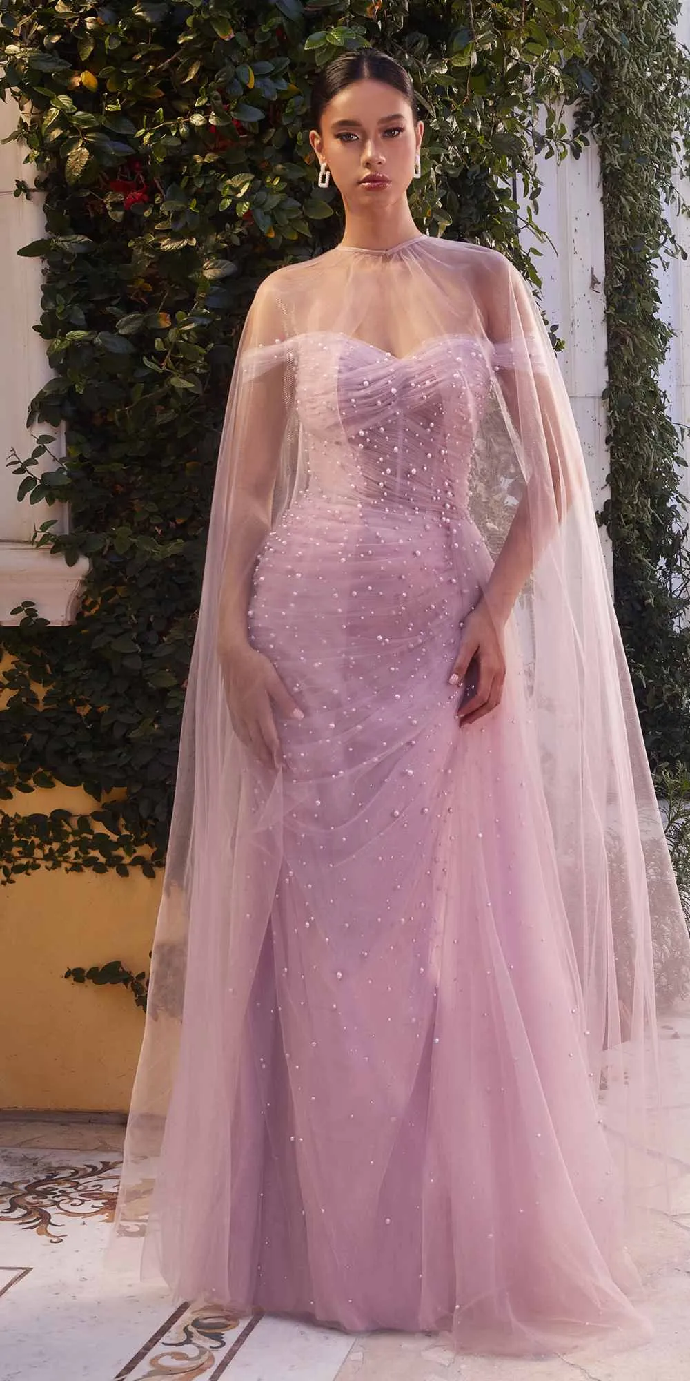 Andrea & Leo A1219 Floor Length Pearl Pleated Tulle Gown with Cape