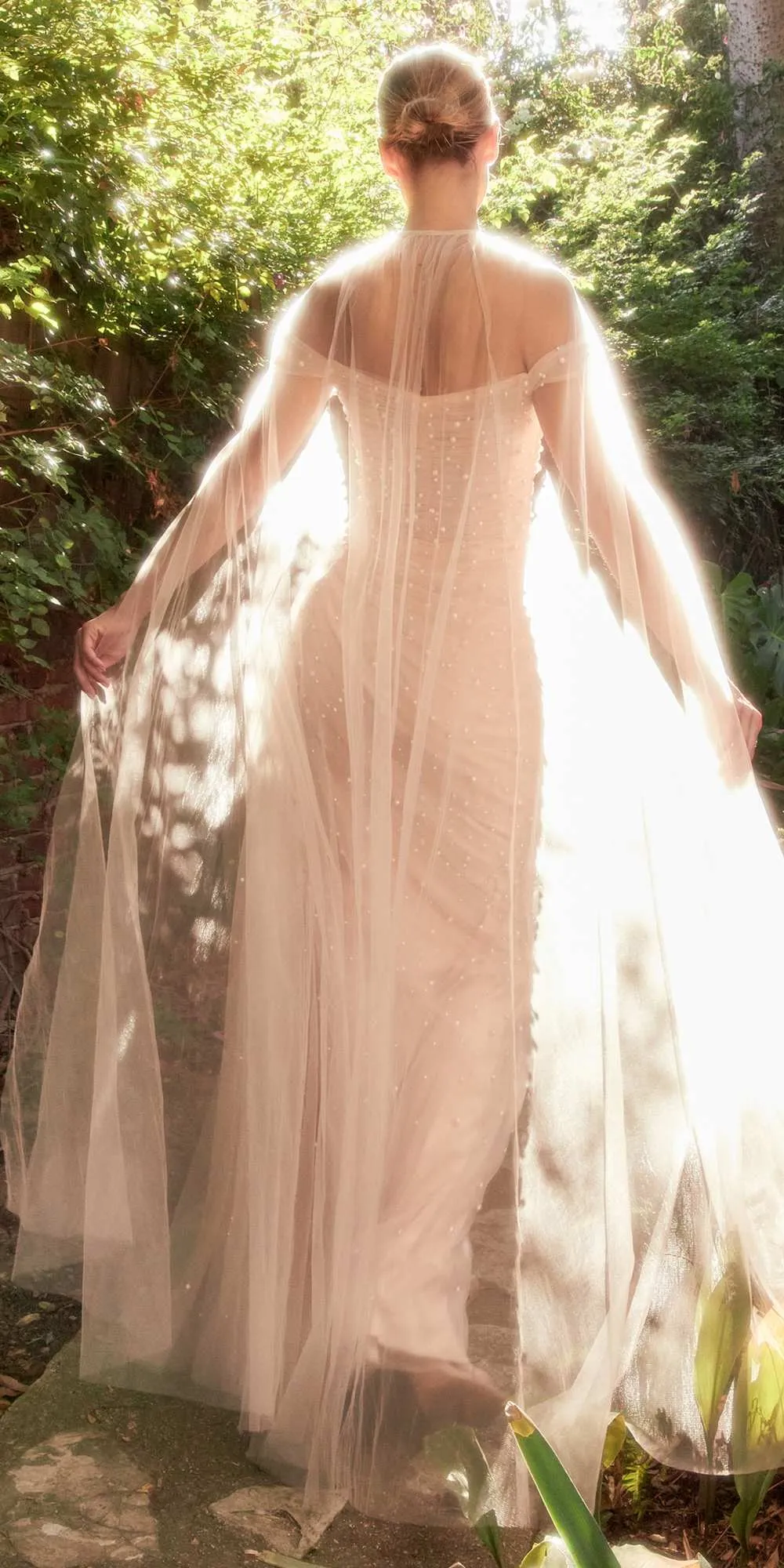 Andrea & Leo A1219 Floor Length Pearl Pleated Tulle Gown with Cape