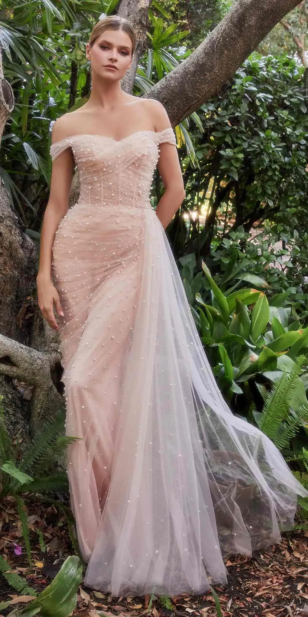 Andrea & Leo A1219 Floor Length Pearl Pleated Tulle Gown with Cape