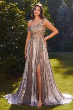 Andrea & Leo A1268 Long One Shoulder Metallic Lame' Pleated Gown