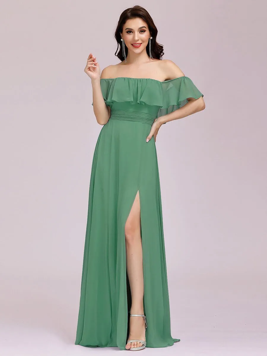 Angelina off shoulder dress with split in dusky green s26 Express NZ wide