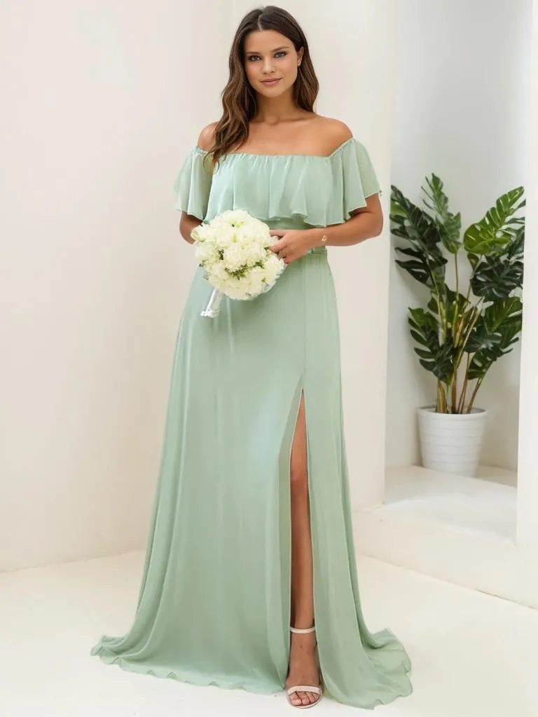 Angelina off shoulder dress with split light sage s18 Express NZ wide