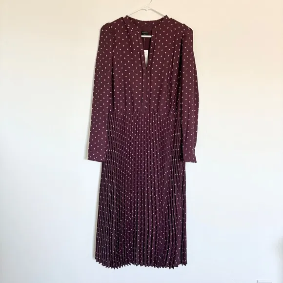 Ann Taylor Pleated Geo Midi Dress Long Sleeve Career Party Plum Floral 8T