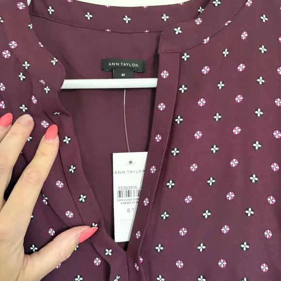 Ann Taylor Pleated Geo Midi Dress Long Sleeve Career Party Plum Floral 8T
