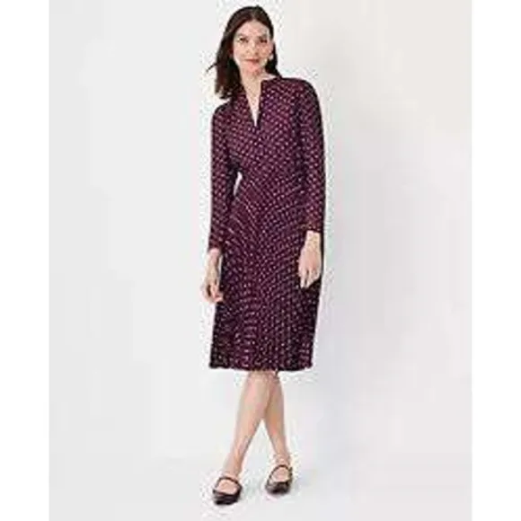 Ann Taylor Pleated Geo Midi Dress Long Sleeve Career Party Plum Floral 8T