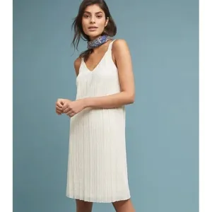 Anthropologie Meadow Rue Ivory Prespa Pleated Midi Length Dress Size 10