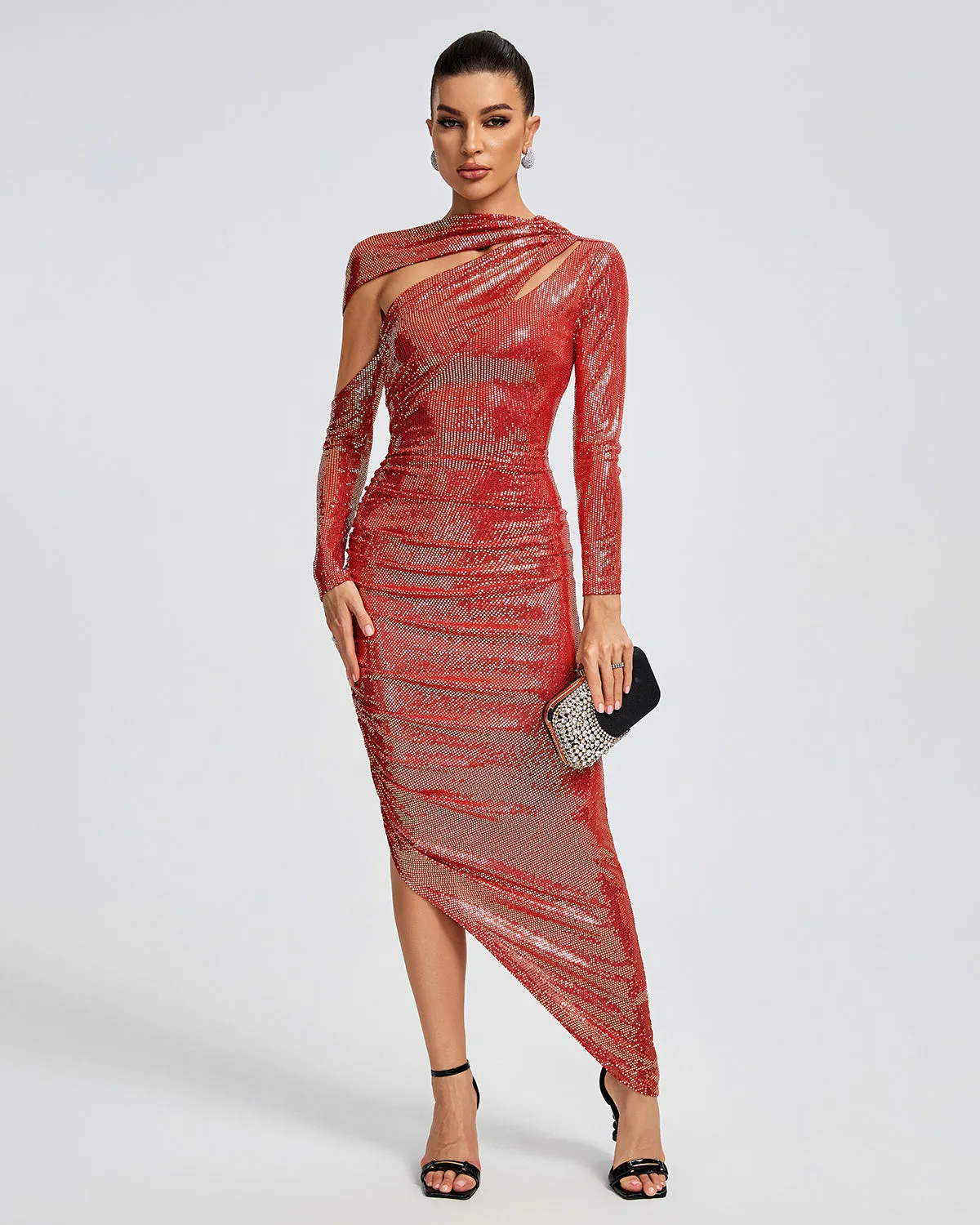 Asymmetric Sequins Ruched Long Dress