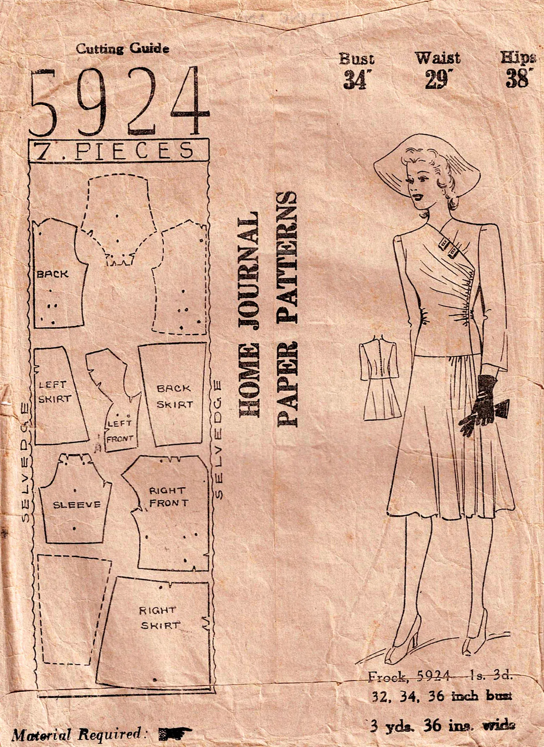 Australian Home Journal 5924 Womens Mock Wrap Side Gathered Dress 1940s Vintage Sewing Pattern Bust 34 inches LIMITED INSTRUCTIONS