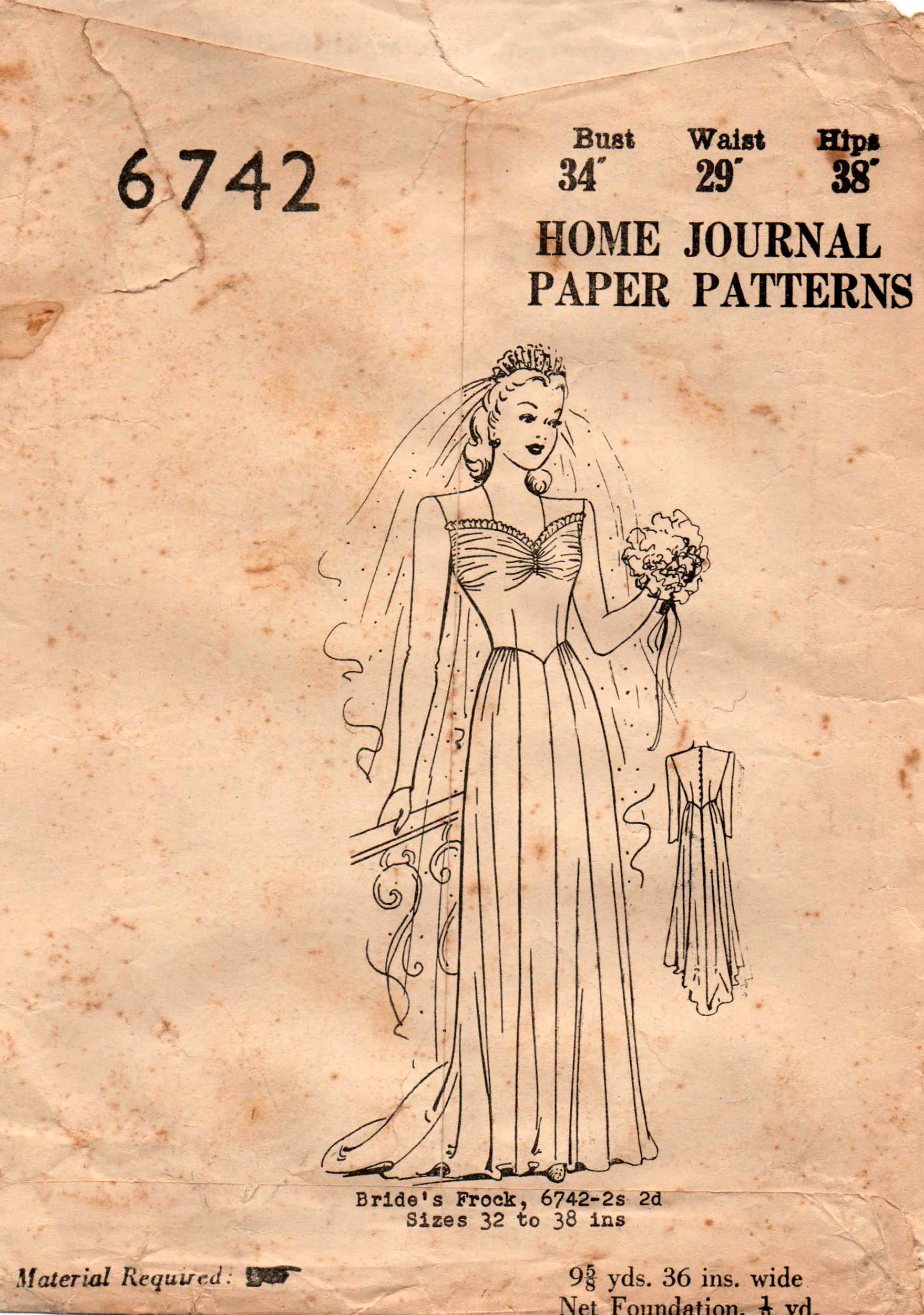 Australian Home Journal 6742 Womens Traditional Wedding Dress Bridal / Bridesmaids Gown 1940s Vintage Sewing Pattern Bust 34 inches