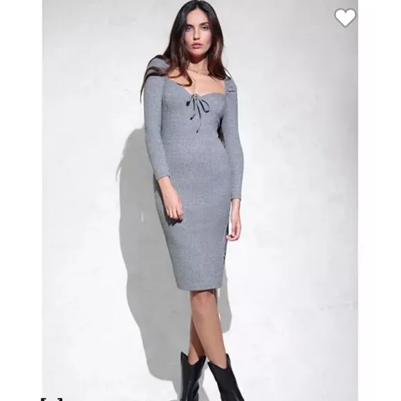 Avec Les Filles Womens Prairie Ribbed Puff Sleeve Bodycon Midi Dress Gray Small