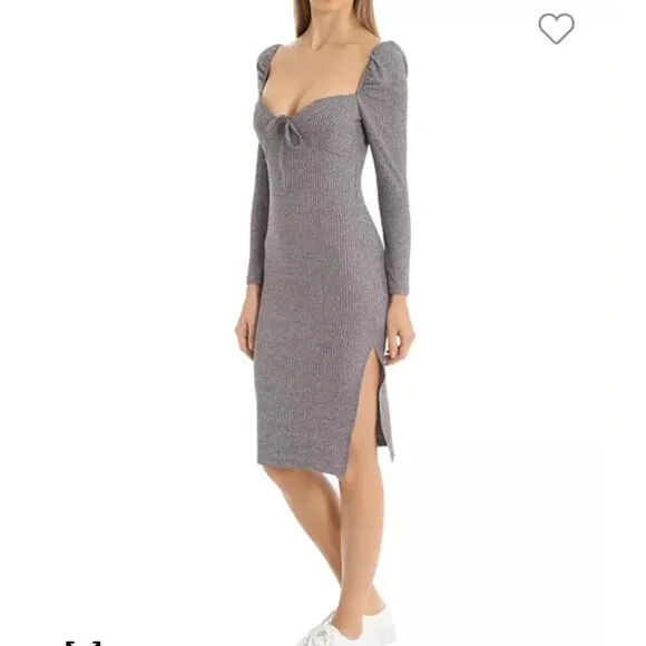 Avec Les Filles Womens Prairie Ribbed Puff Sleeve Bodycon Midi Dress Gray Small
