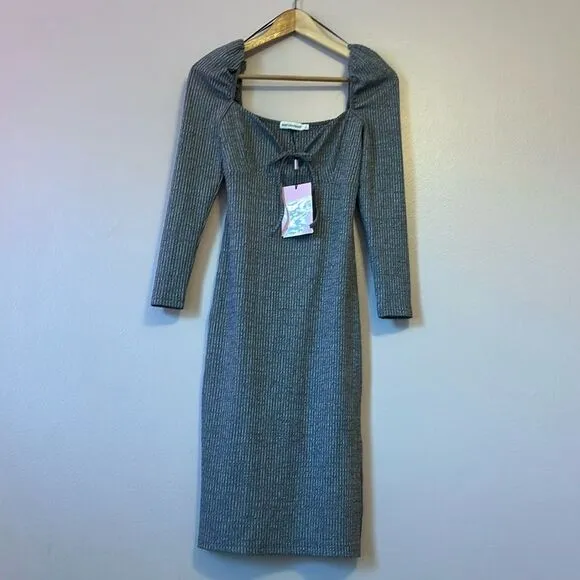 Avec Les Filles Womens Prairie Ribbed Puff Sleeve Bodycon Midi Dress Gray Small