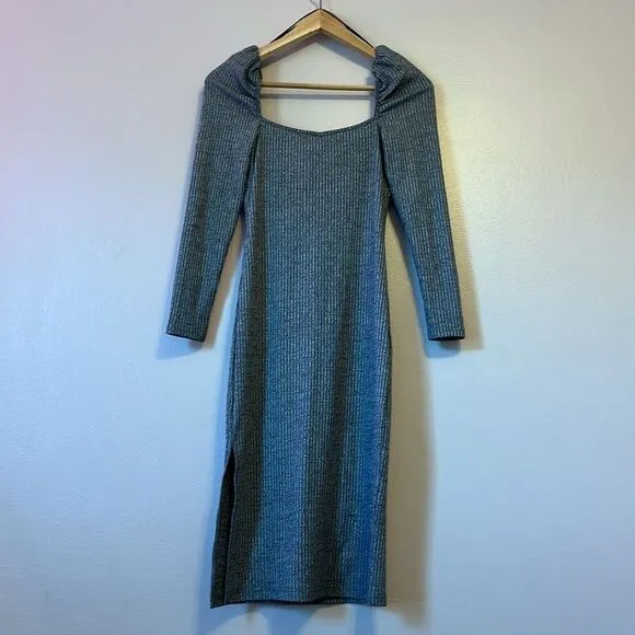 Avec Les Filles Womens Prairie Ribbed Puff Sleeve Bodycon Midi Dress Gray Small