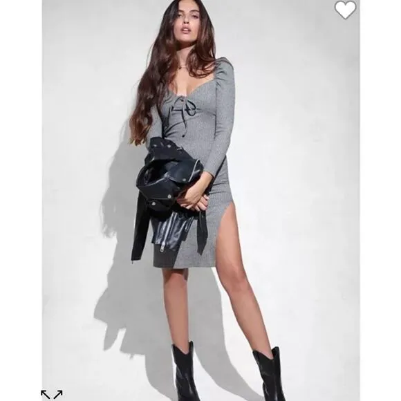 Avec Les Filles Womens Prairie Ribbed Puff Sleeve Bodycon Midi Dress Gray Small