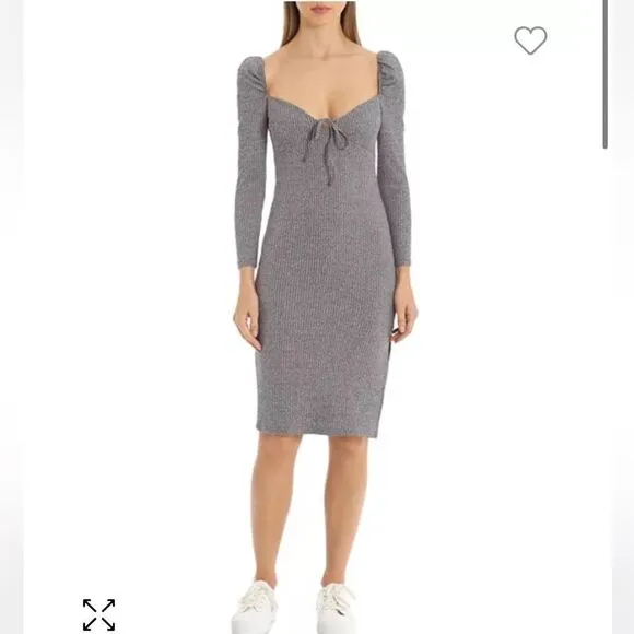 Avec Les Filles Womens Prairie Ribbed Puff Sleeve Bodycon Midi Dress Gray Small