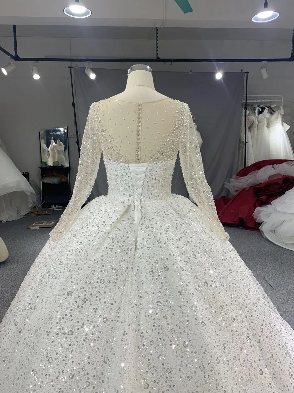 B215# Luxury crystal beaded high neck royal ballgown wedding dress with puffy long sleeve and tiered skirt