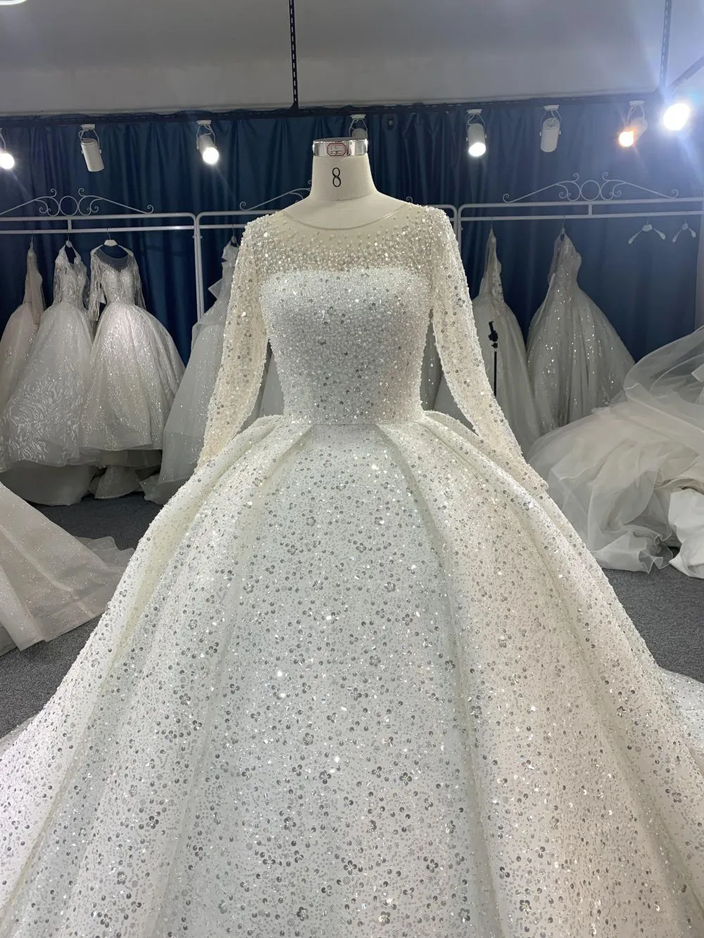B215# Luxury crystal beaded high neck royal ballgown wedding dress with puffy long sleeve and tiered skirt