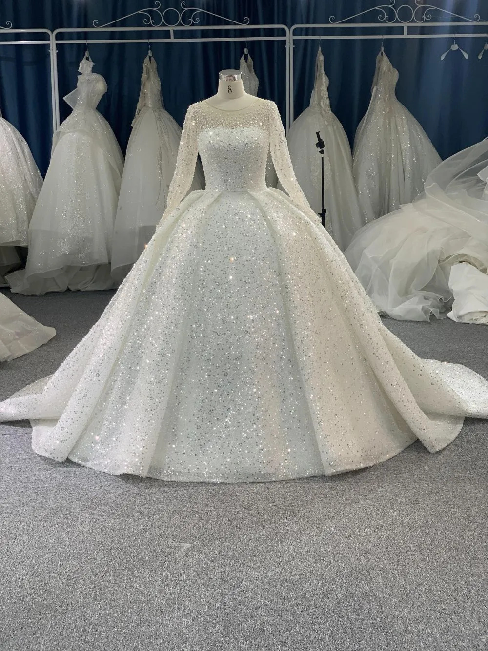 B215# Luxury crystal beaded high neck royal ballgown wedding dress with puffy long sleeve and tiered skirt