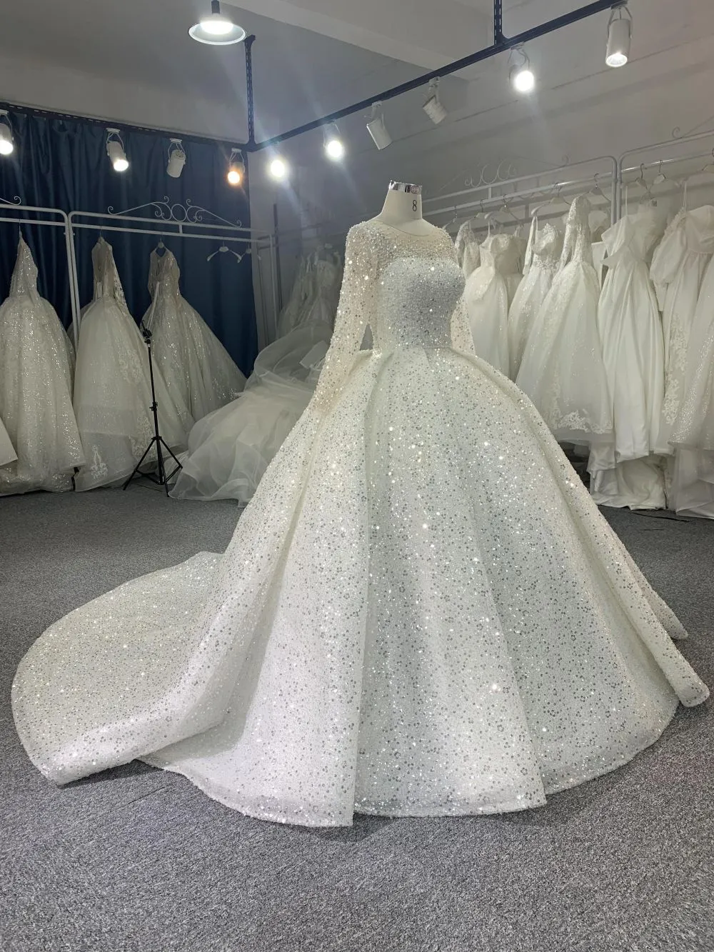 B215# Luxury crystal beaded high neck royal ballgown wedding dress with puffy long sleeve and tiered skirt
