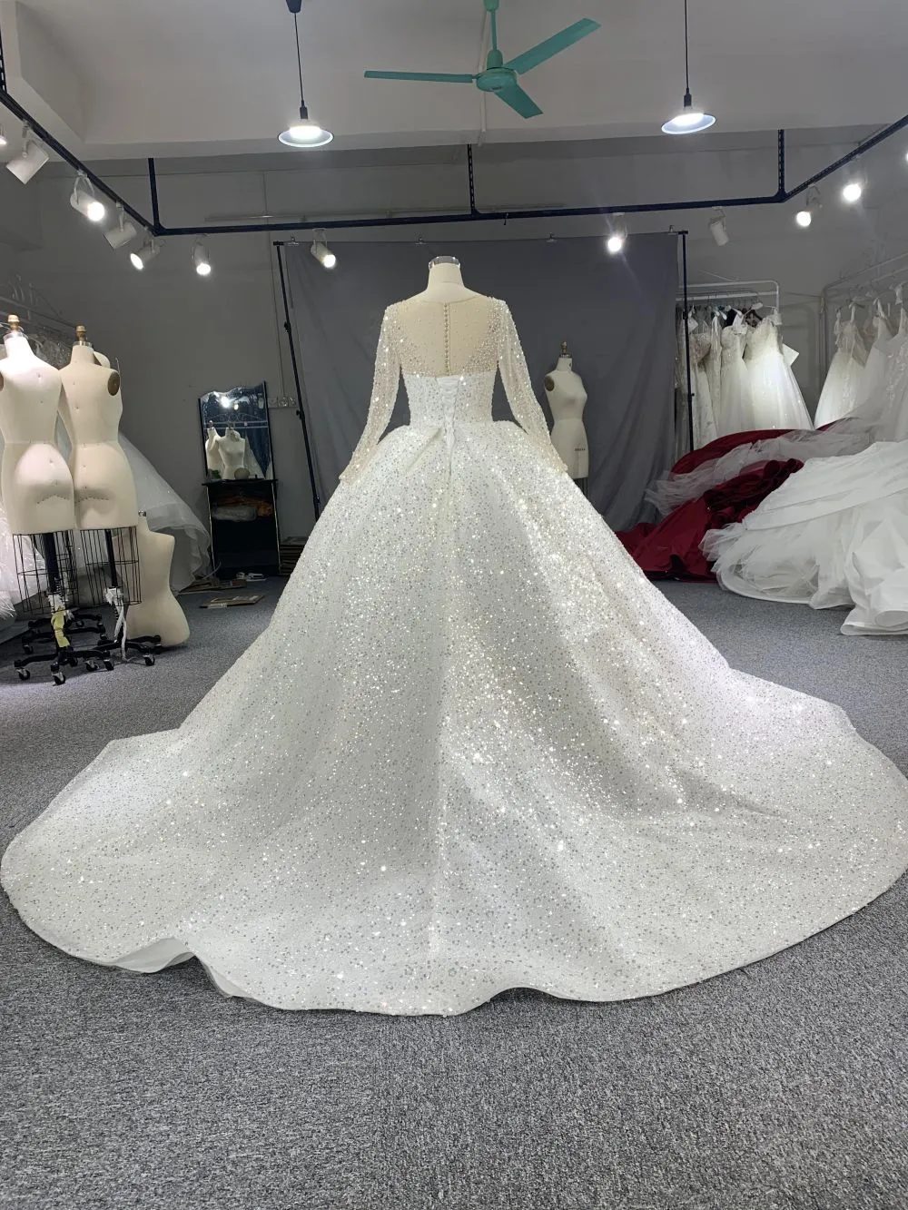 B215# Luxury crystal beaded high neck royal ballgown wedding dress with puffy long sleeve and tiered skirt