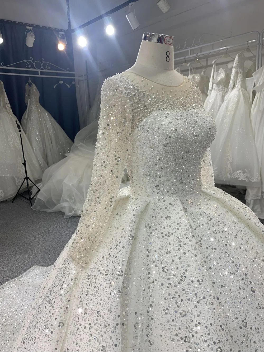 B215# Luxury crystal beaded high neck royal ballgown wedding dress with puffy long sleeve and tiered skirt