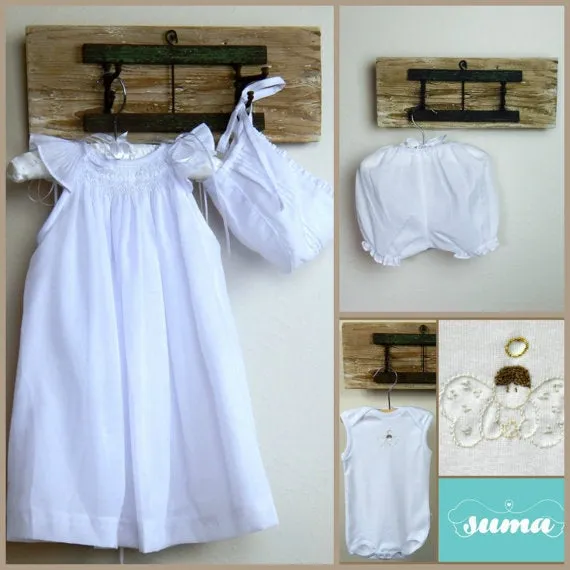 Baby Girl Christening Dress,  Baptism Dress with Bonnet, Blessing Dress,  Gown  White Cotton, Hand  Made, Free Personalization