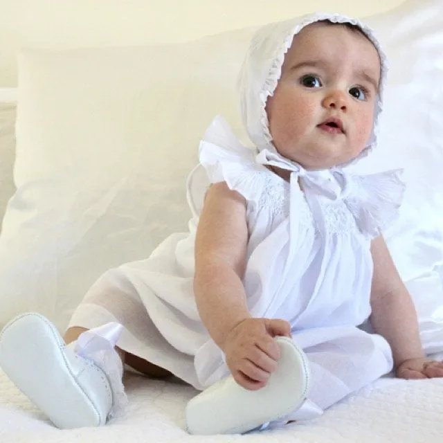 Baby Girl Christening Dress,  Baptism Dress with Bonnet, Blessing Dress,  Gown  White Cotton, Hand  Made, Free Personalization