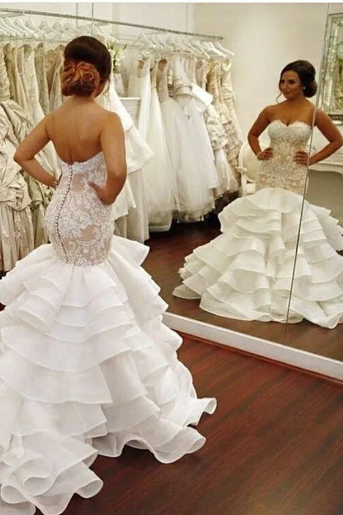 Backless Lace Strapless Bridal Dresses Mermaid Ruffled Train