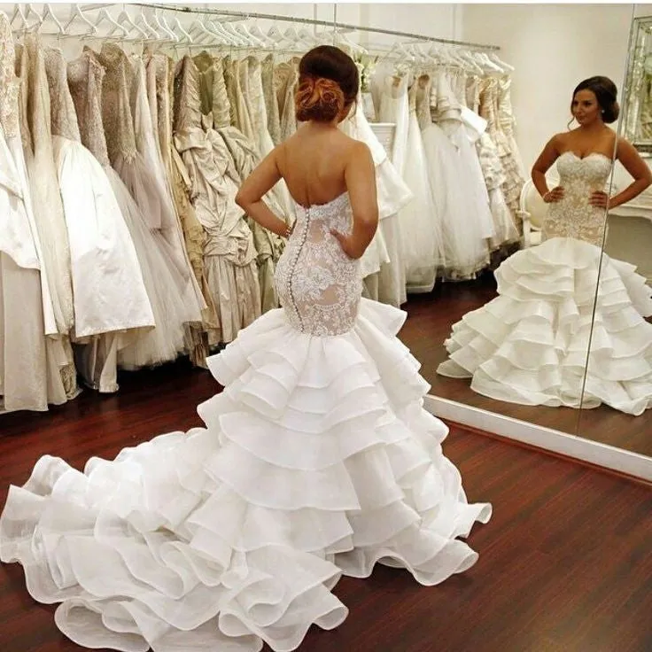 Backless Lace Strapless Bridal Dresses Mermaid Ruffled Train